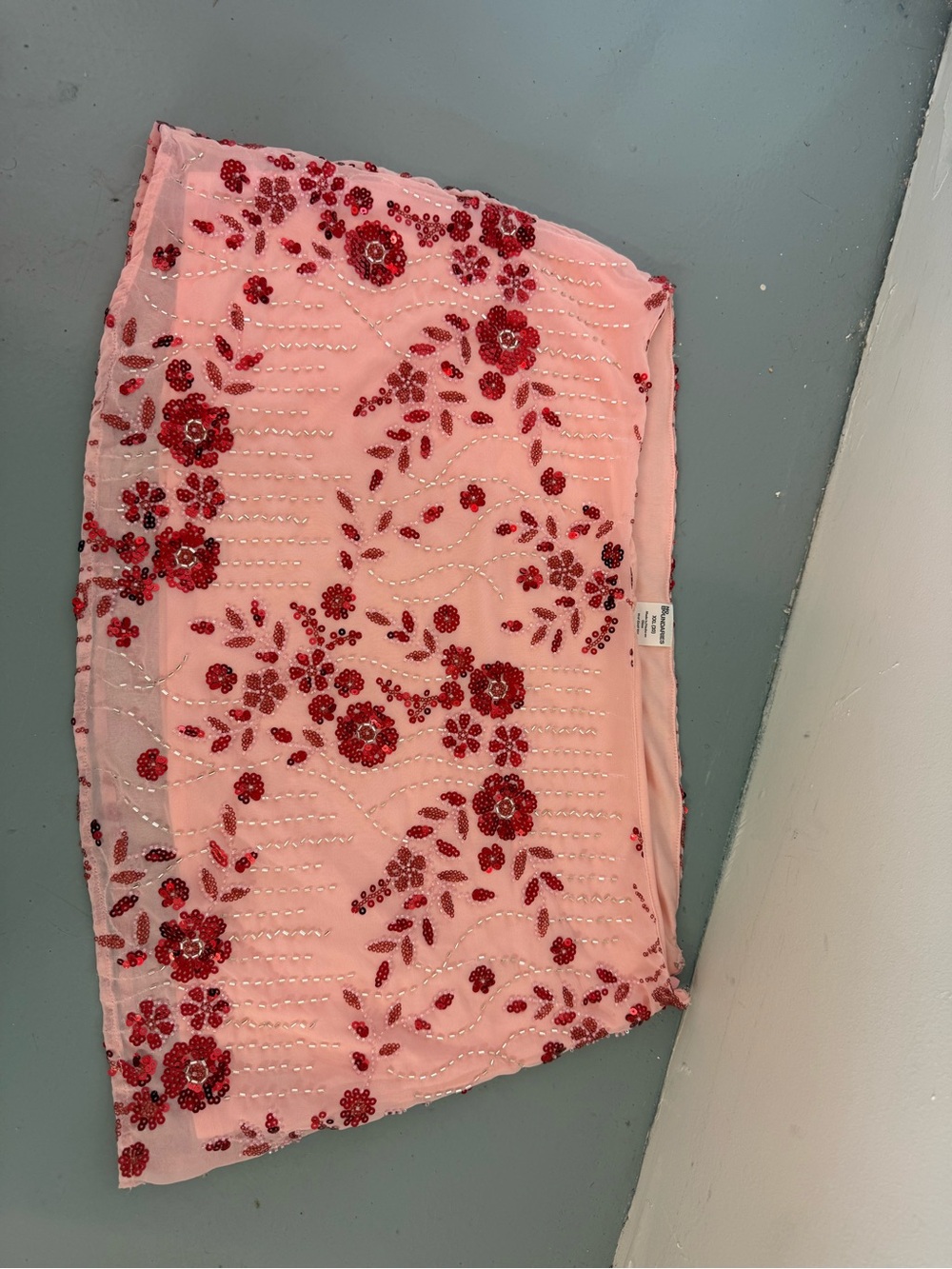 No Boundaries Pink Mini Skirt with Red Beaded Floral Embroidery